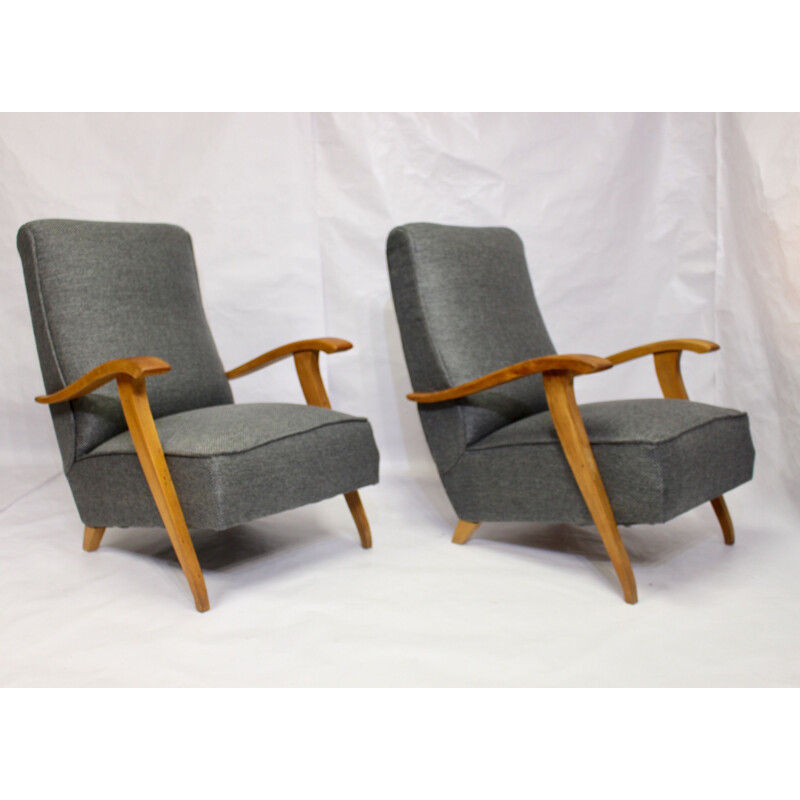 Pair of  Art Deco vintage armchairs with wooden armrests, 1930