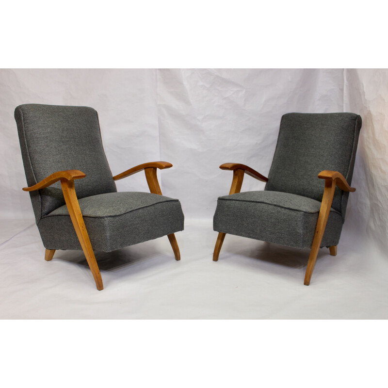Pair of  Art Deco vintage armchairs with wooden armrests, 1930