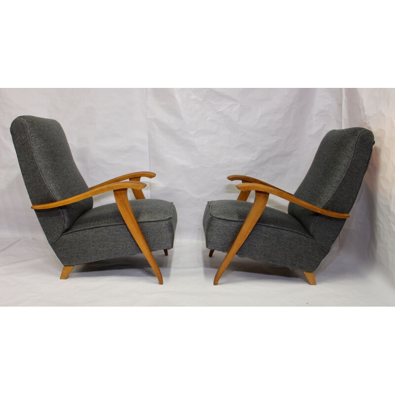 Pair of  Art Deco vintage armchairs with wooden armrests, 1930