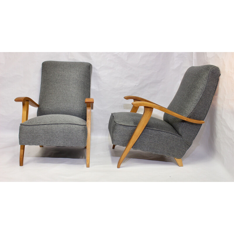 Pair of  Art Deco vintage armchairs with wooden armrests, 1930