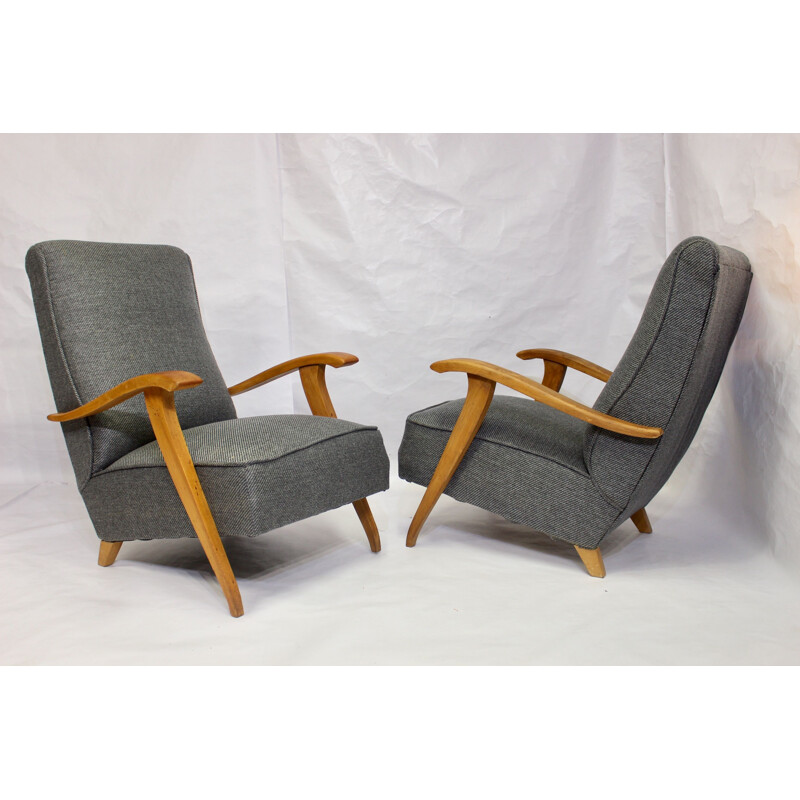 Pair of  Art Deco vintage armchairs with wooden armrests, 1930