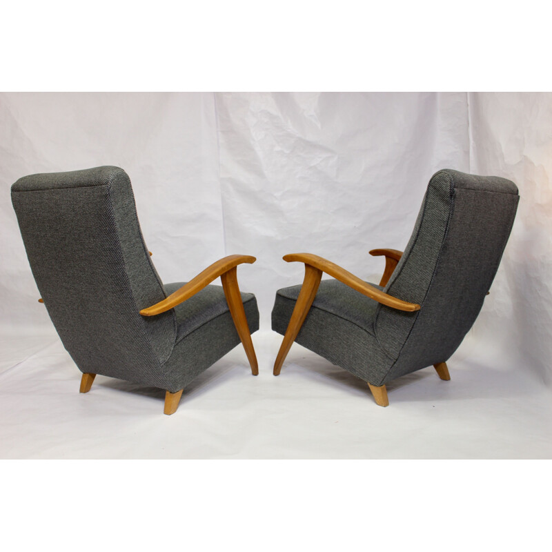 Pair of  Art Deco vintage armchairs with wooden armrests, 1930