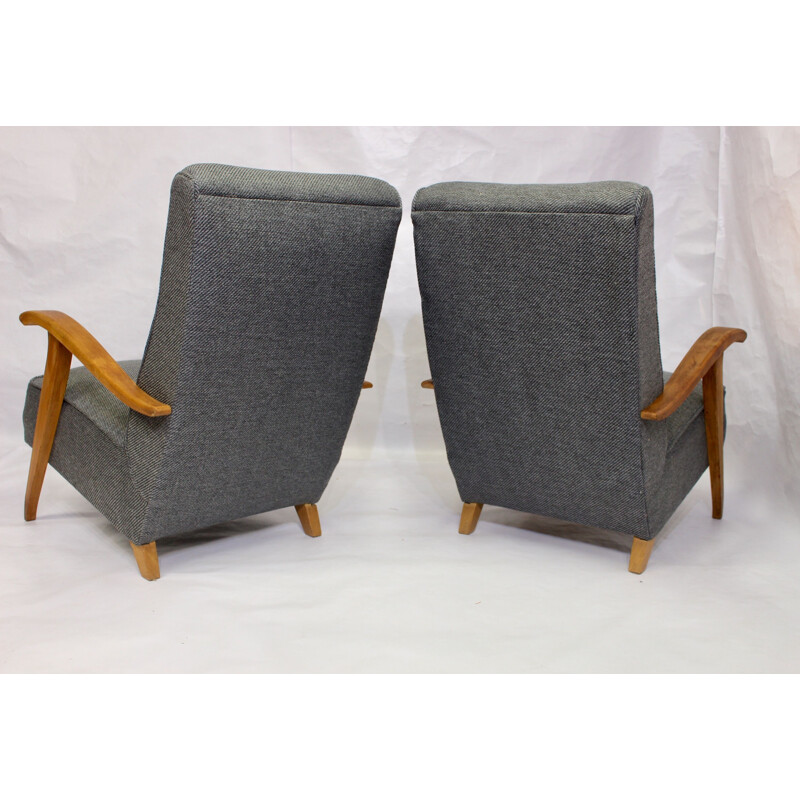 Pair of  Art Deco vintage armchairs with wooden armrests, 1930