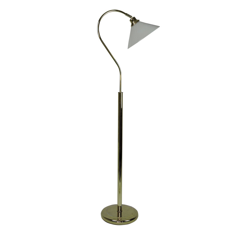 Lampadaire Vintage en laiton et verre blanc, 1980