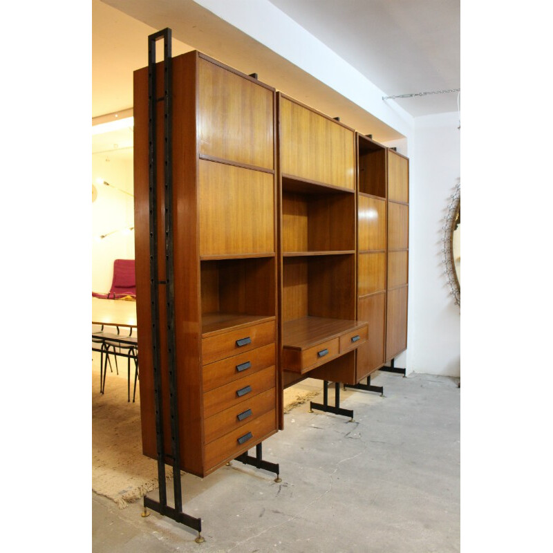 Italian double side wall system in wood and brass - 1950s