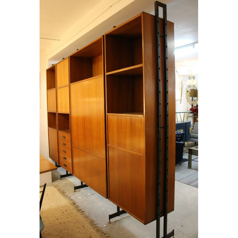 Italian double side wall system in wood and brass - 1950s