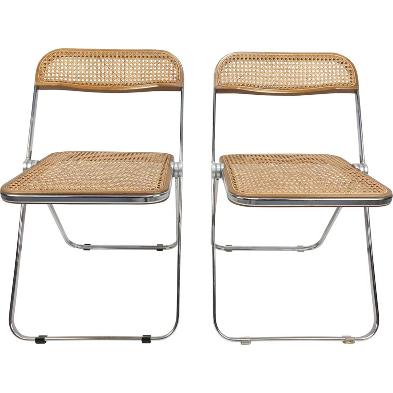 Set of 2 vintage Plia folding chairs with woven wicker by Giancarlo Piretti for Castelli, 1967