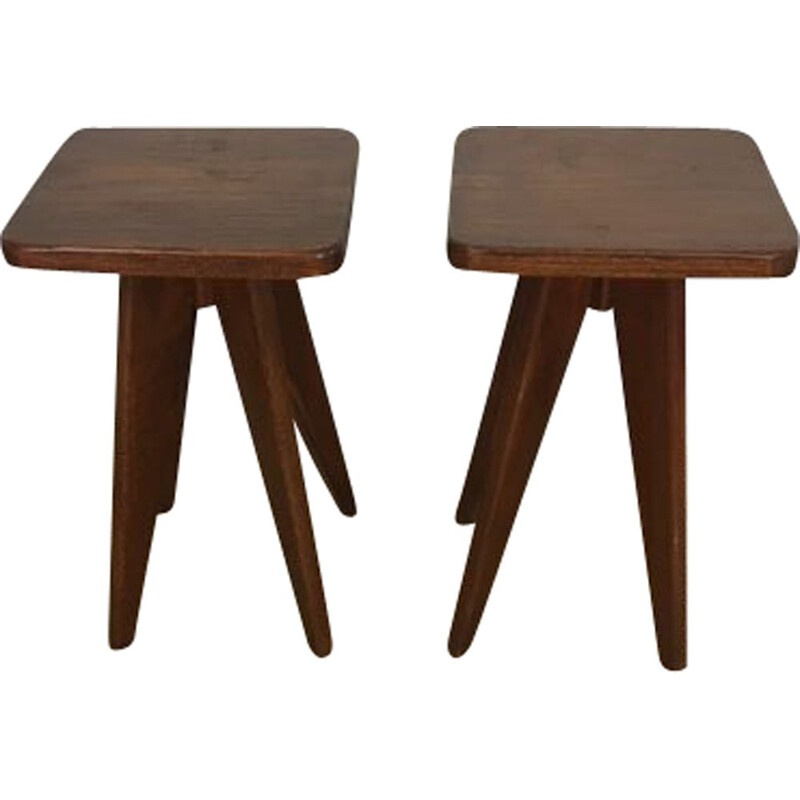 Pair of brutal vintage oak stools, 1950s