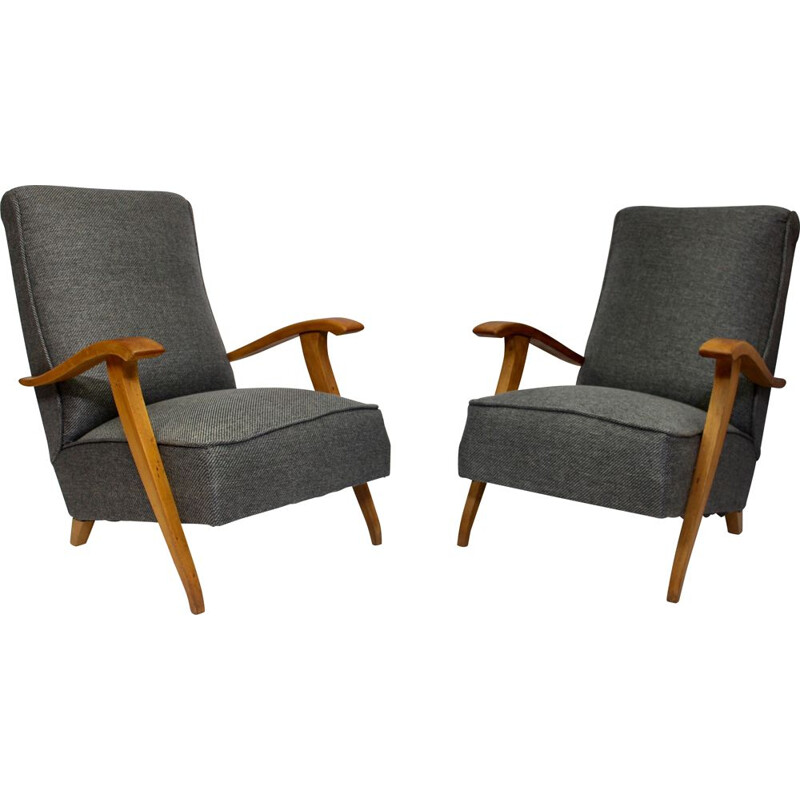 Pair of  Art Deco vintage armchairs with wooden armrests, 1930