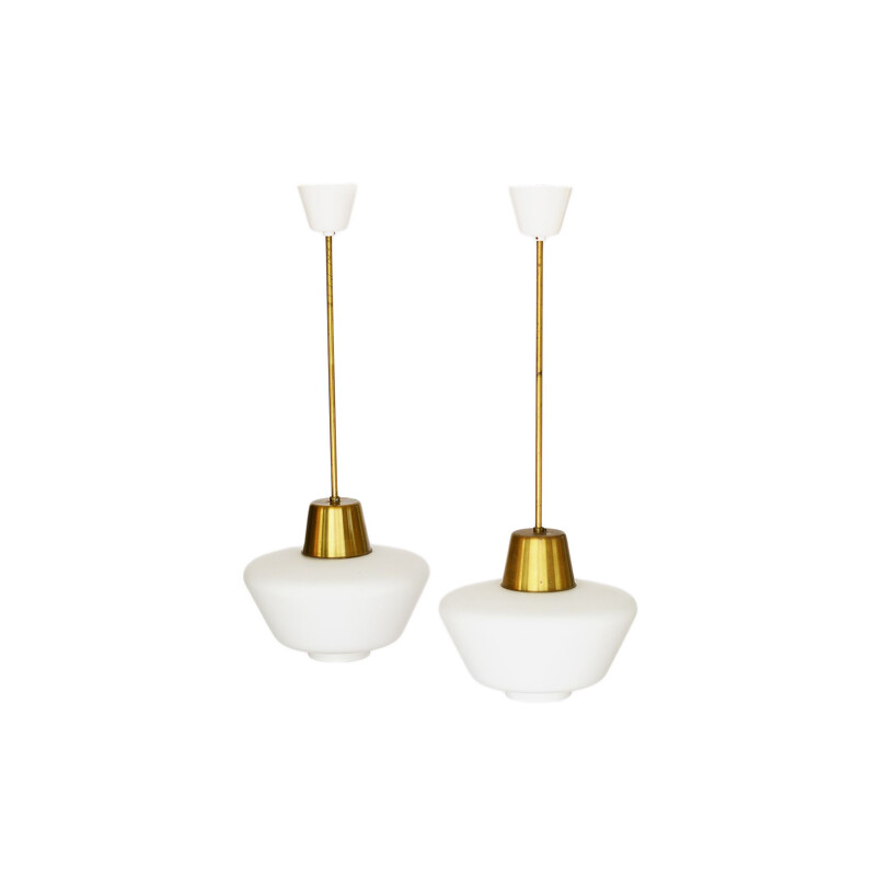 Pair of vintage brass ceiling lights with hand blown opaline glass shades, Sweden, 1960s