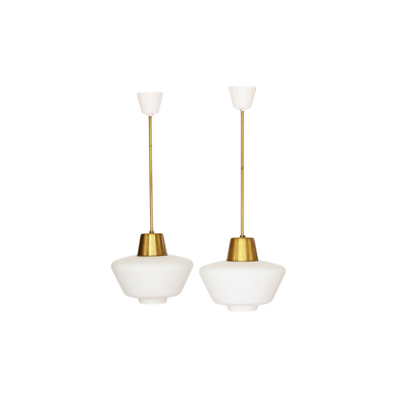 Pair of vintage brass ceiling lights with hand blown opaline glass shades, Sweden, 1960s