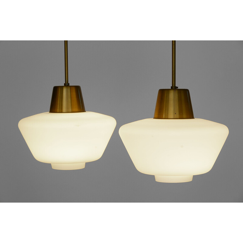 Pair of vintage brass ceiling lights with hand blown opaline glass shades, Sweden, 1960s