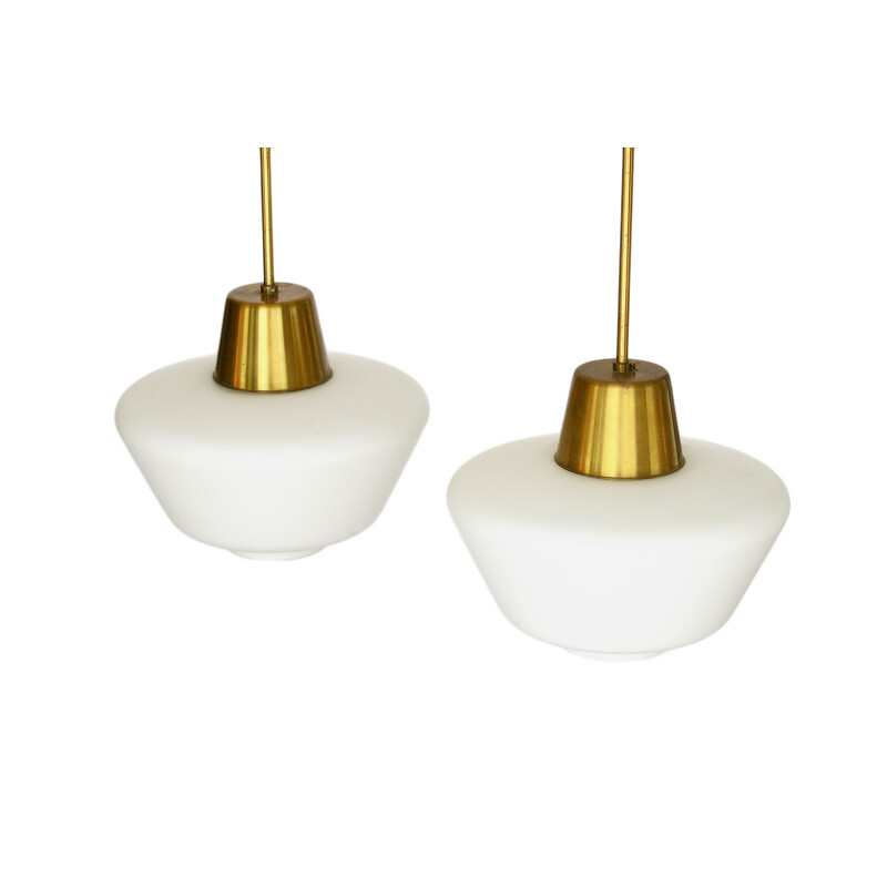 Pair of vintage brass ceiling lights with hand blown opaline glass shades, Sweden, 1960s