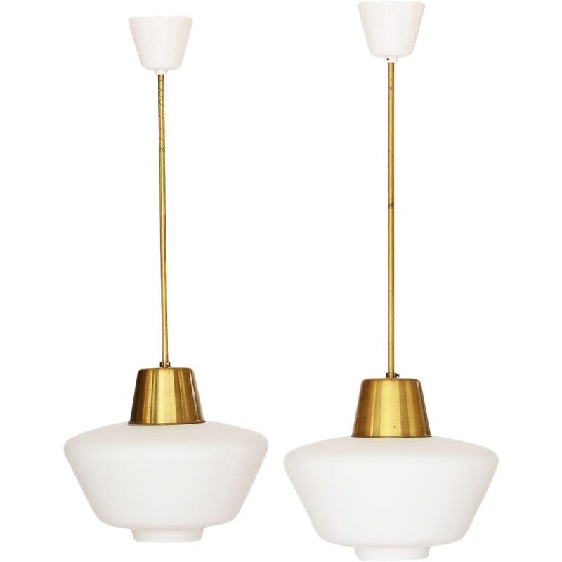 Pair of vintage brass ceiling lights with hand blown opaline glass shades, Sweden, 1960s