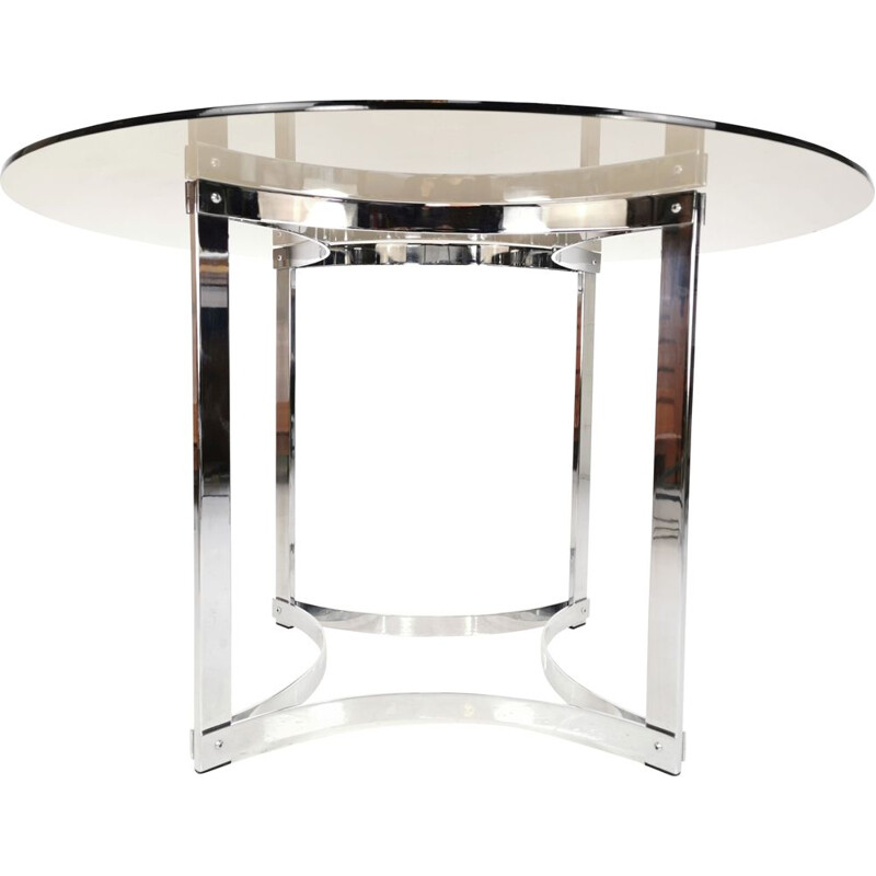 Table de salle à repas Vintage Merrow Associates avec base en chrome et dessus en verre par Richard Young