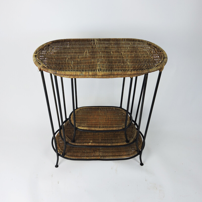 Set of 3 vintage wicker and Metal Nesting Tables, 1980s