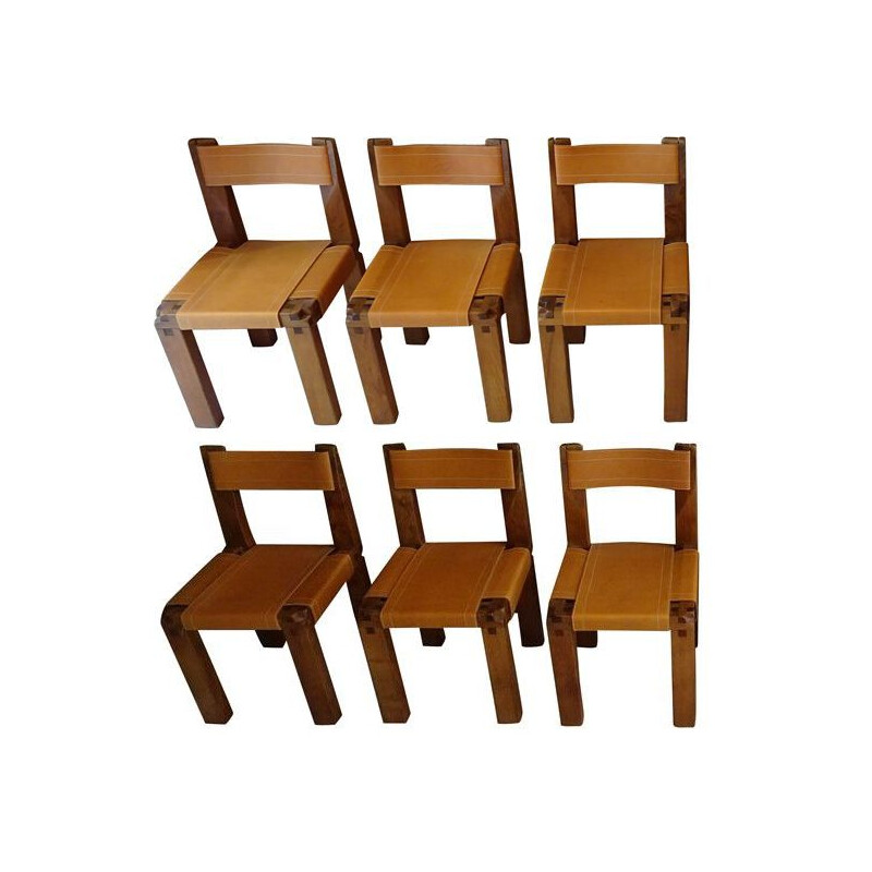 Set of 6 vintage chairs S11in elm wood by Pierre Chapo, 1970s