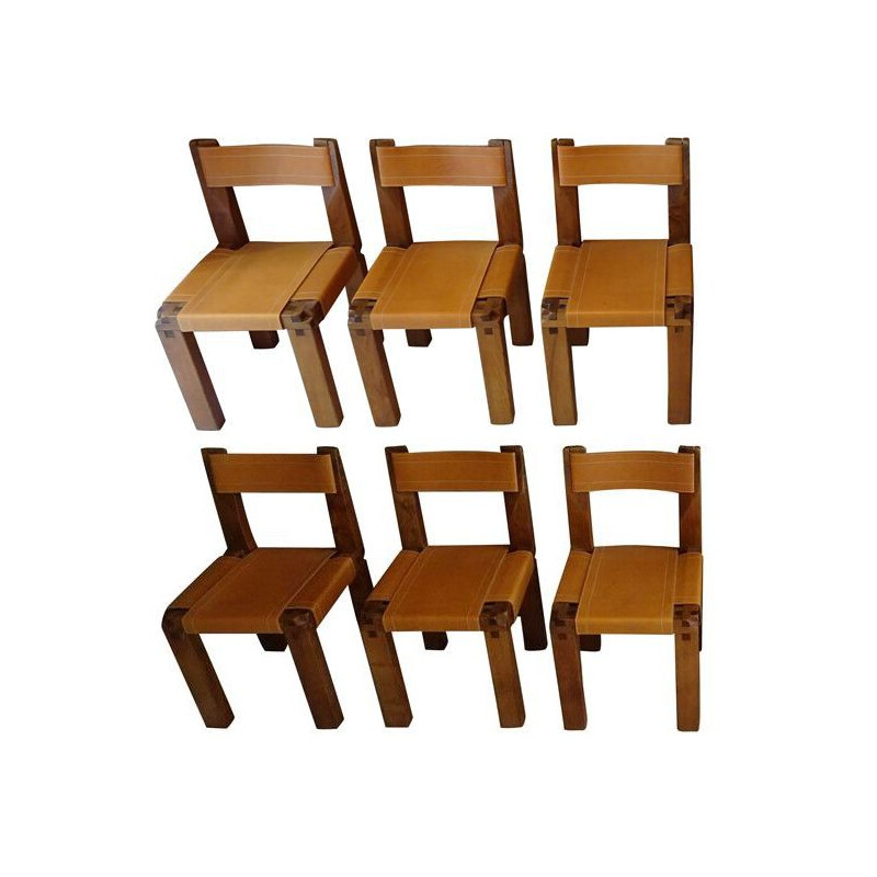 Suite de 6 chaises vintage S11 en orme massif par Pierre Chapo, 1970