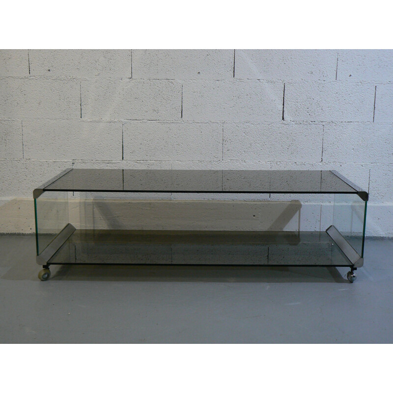 Large coffee table in smoked glass and stainless steel 1970