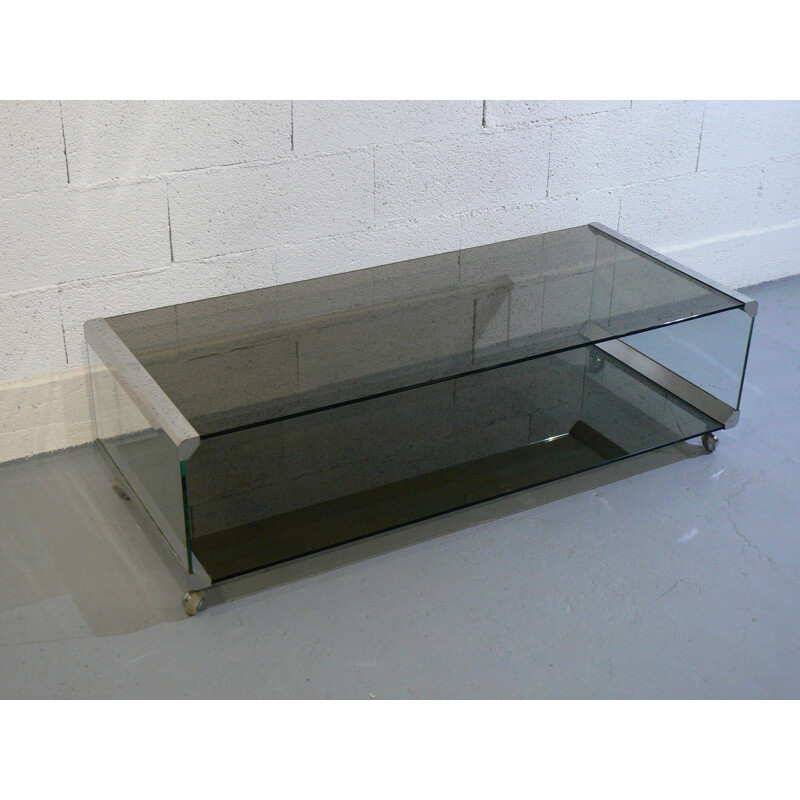 Large coffee table in smoked glass and stainless steel 1970