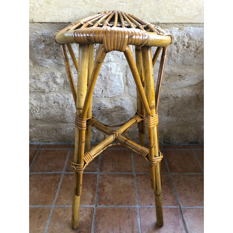 Vintage Rattan And Bamboo Stool 1960