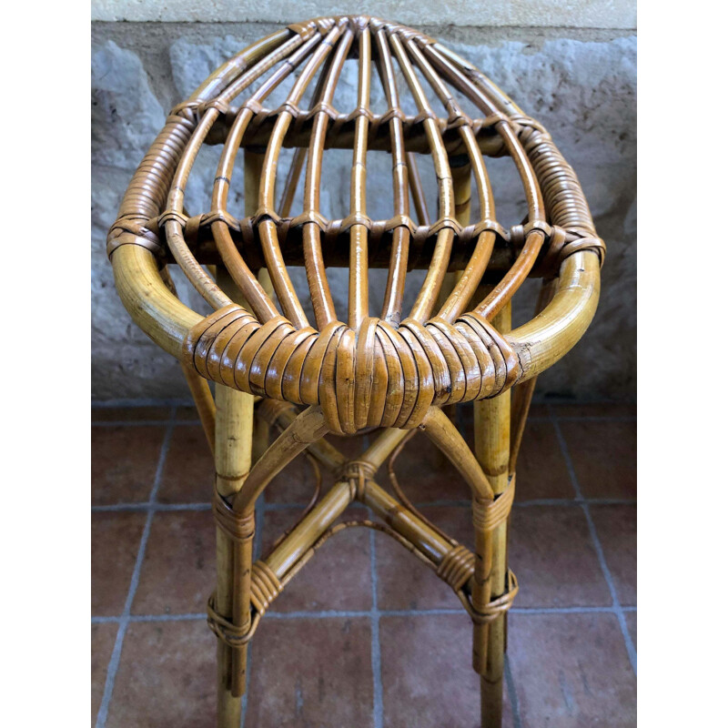 Vintage Rattan And Bamboo Stool 1960