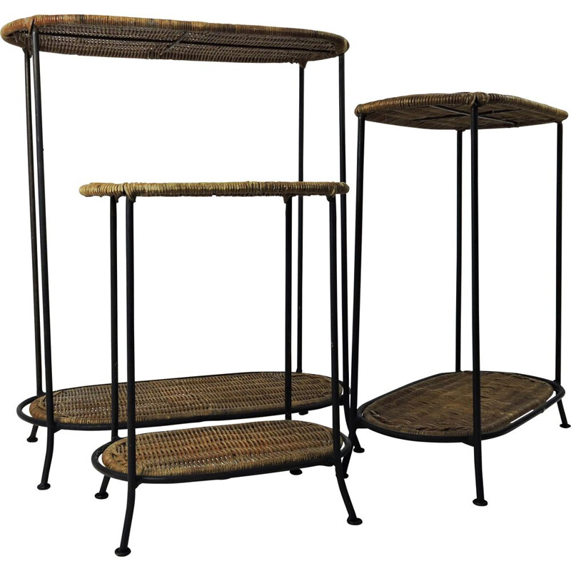Set of 3 vintage wicker and Metal Nesting Tables, 1980s