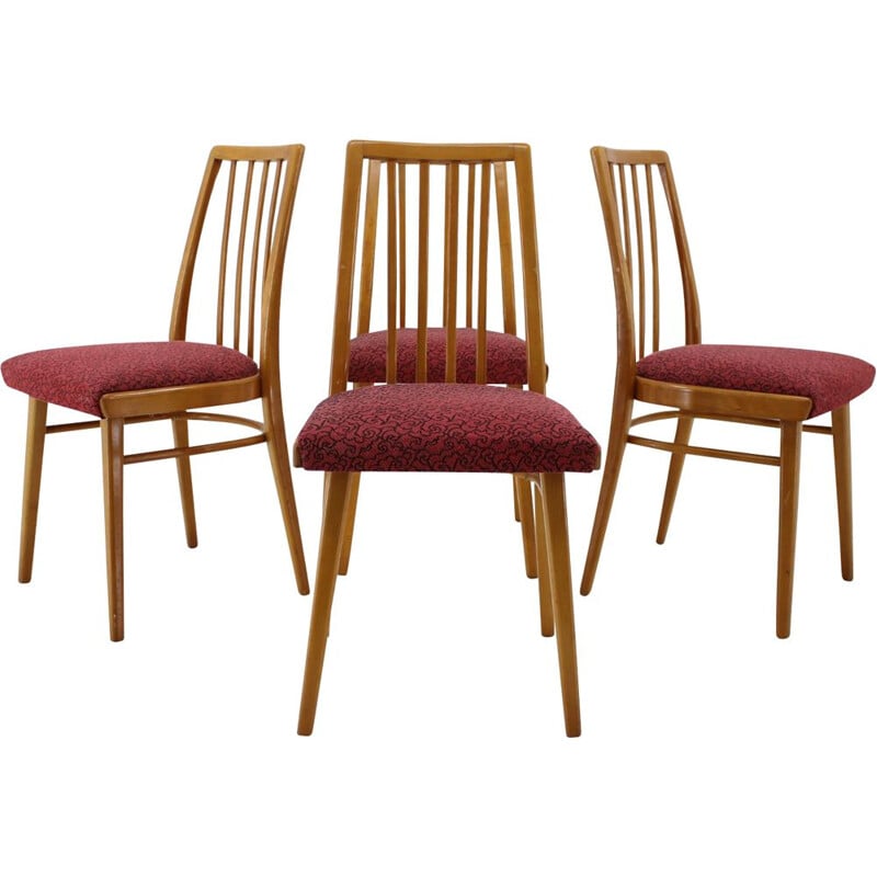 Set of 4 red dining chairs, Czechoslovakia, 1960