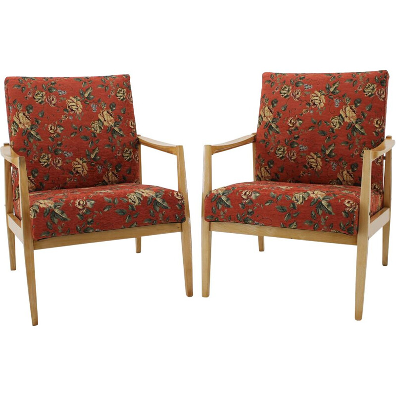 Vintage pair of lounge chairs with floral pattern, Czechoslovakia, 1970s