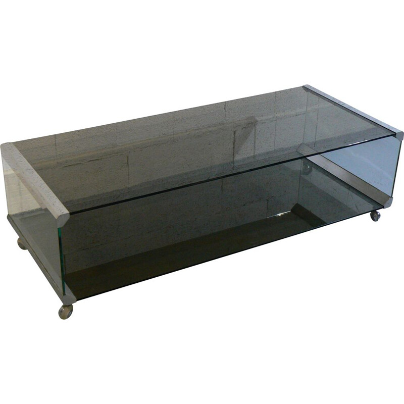 Large coffee table in smoked glass and stainless steel 1970