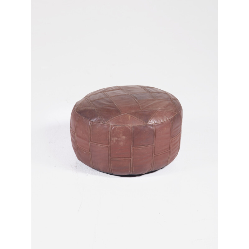 Large Vintage Leather Pouf, 1970s