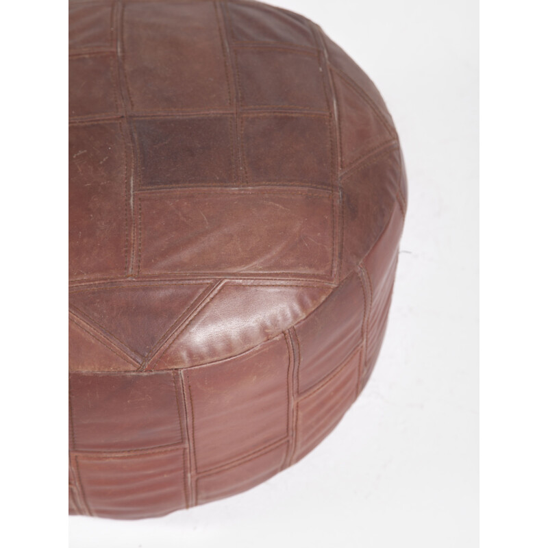 Large Vintage Leather Pouf, 1970s