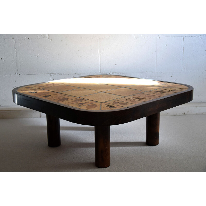 Vintage coffee table in brown and beige by Roger Capron, France
