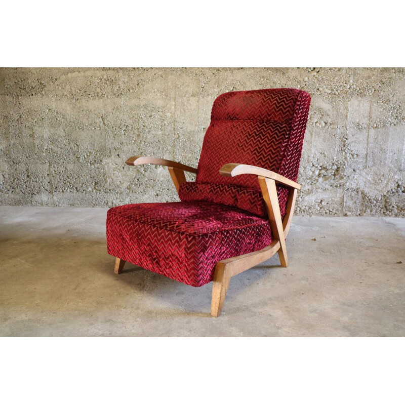 Vintage velvet and wood armchair, 1950s