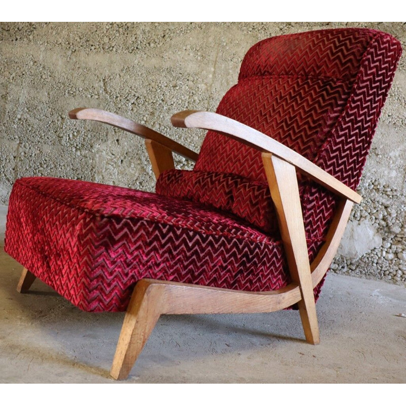 Vintage velvet and wood armchair, 1950s