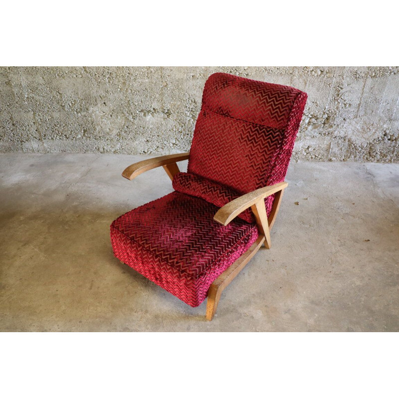 Vintage velvet and wood armchair, 1950s