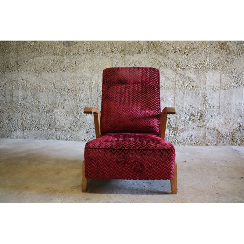 Vintage velvet and wood armchair, 1950s