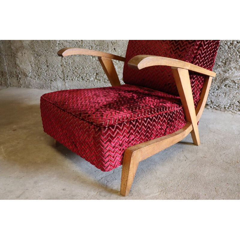 Vintage velvet and wood armchair, 1950s