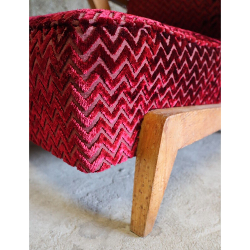 Vintage velvet and wood armchair, 1950s