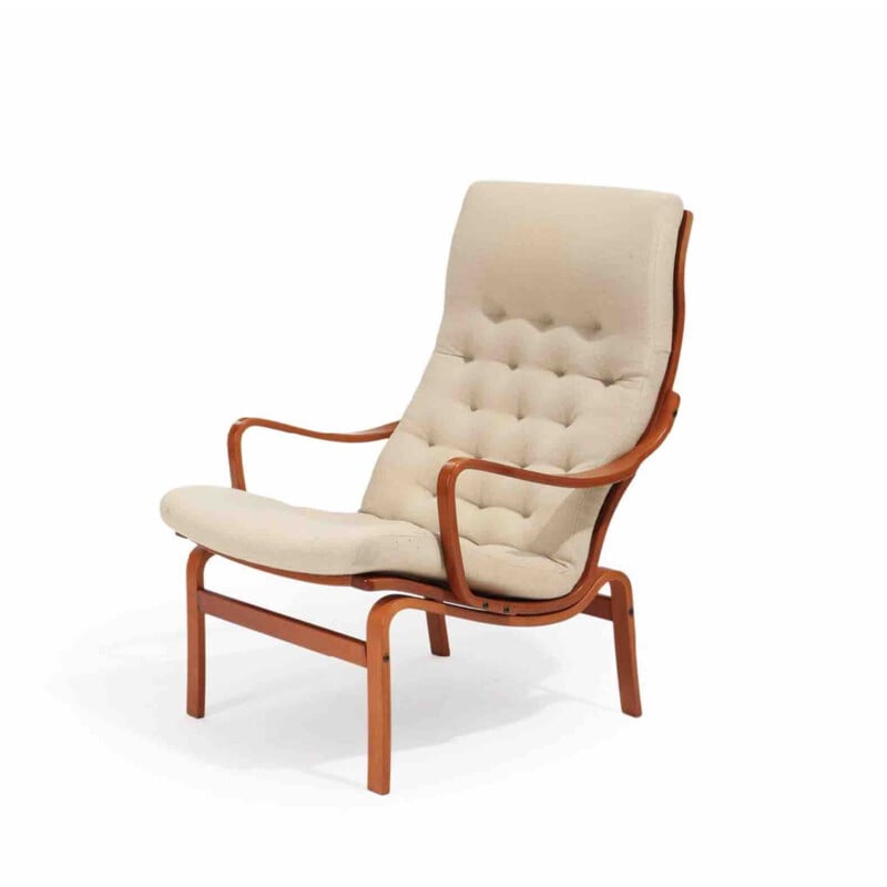 Vintage stained beech and mahogany armchair with wickerwork, 1970-80s