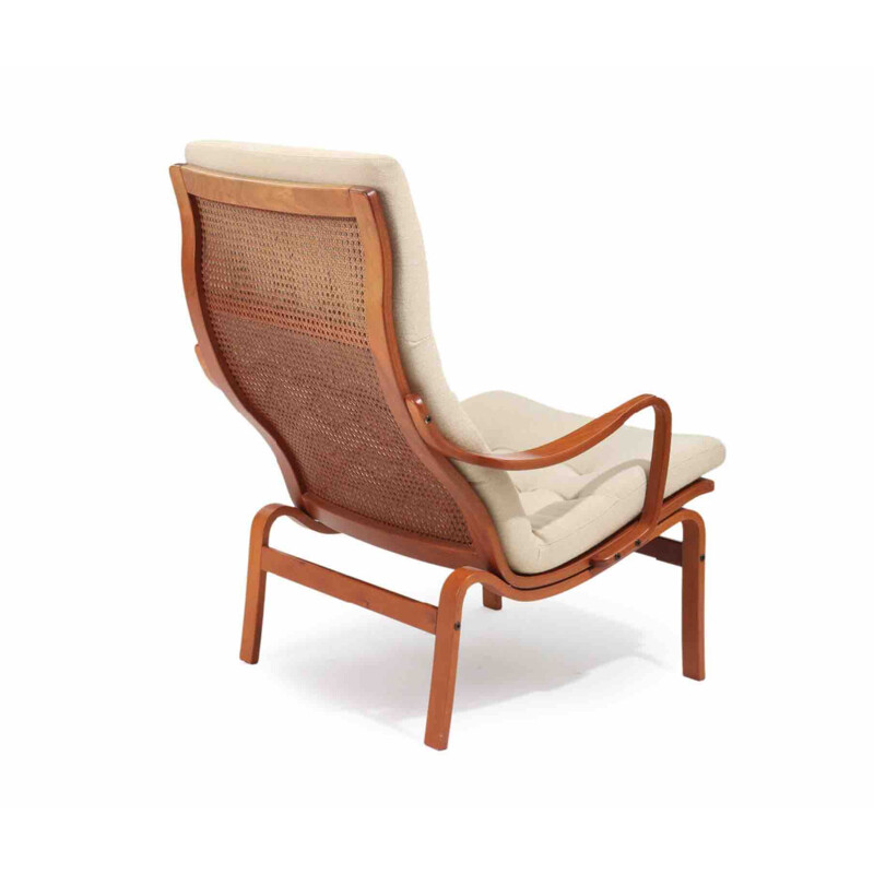 Vintage stained beech and mahogany armchair with wickerwork, 1970-80s