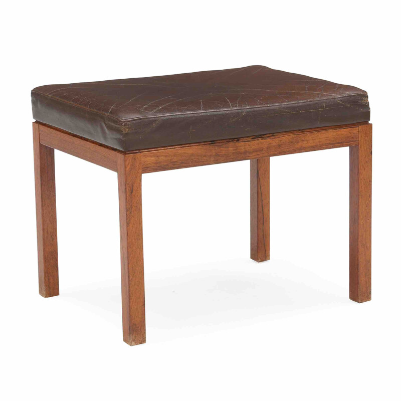 Vintage stool with rosewood frame and brown leather seat