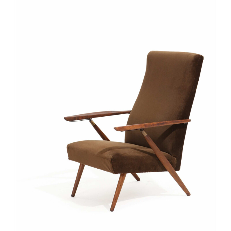 Vintage brown velvet armchair with stained beech structure
