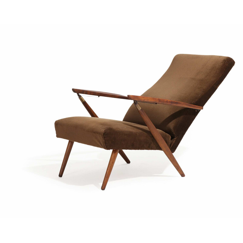 Vintage brown velvet armchair with stained beech structure