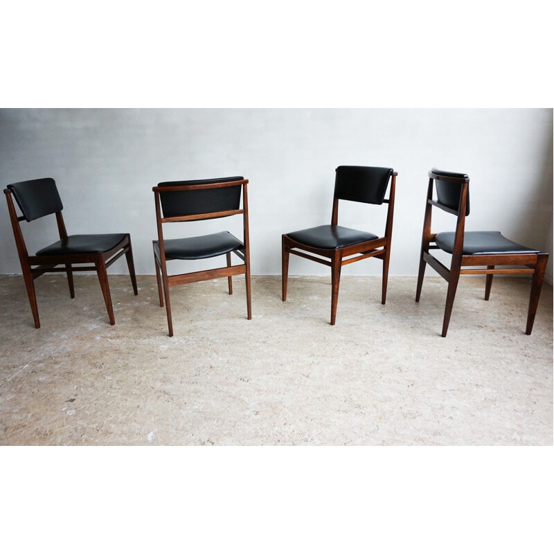 Ensemble de 4 chaises à repas vintage en palissandre et en similicuir, 1960