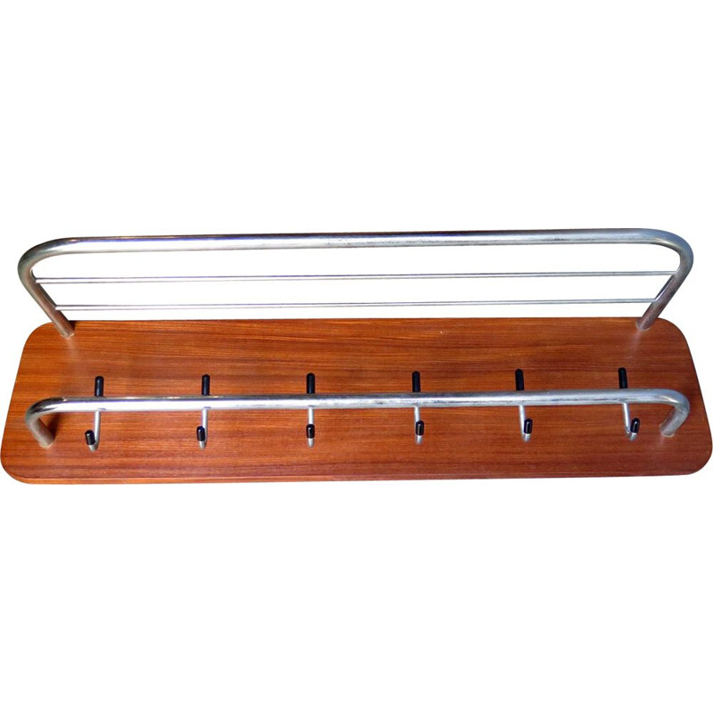 Vintage coat rack in wood and chrome metal, 1950s