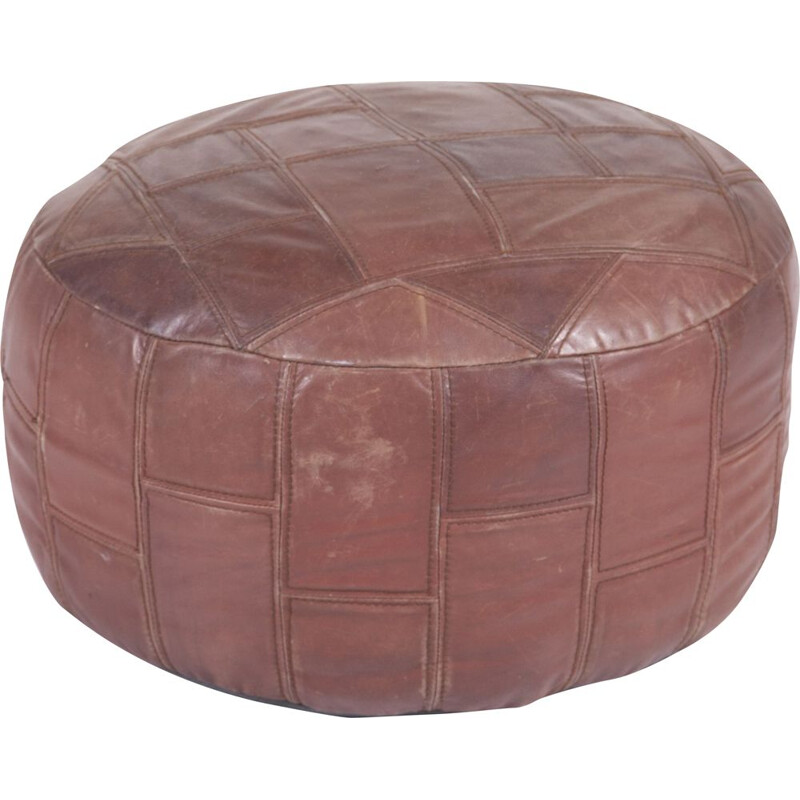 Large Vintage Leather Pouf, 1970s