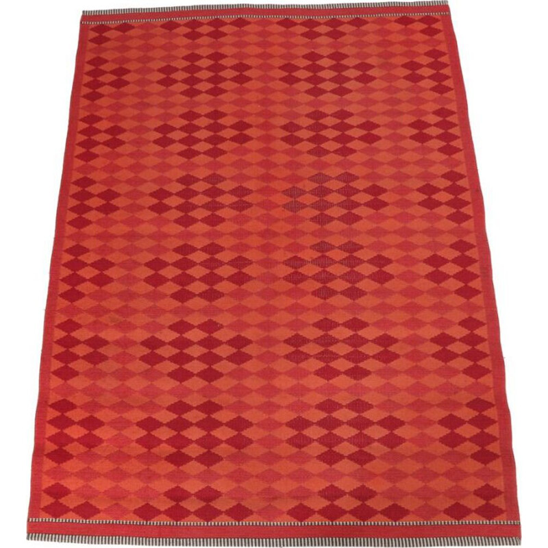 Vintage hand-woven wool carpet orange and red, Denmark