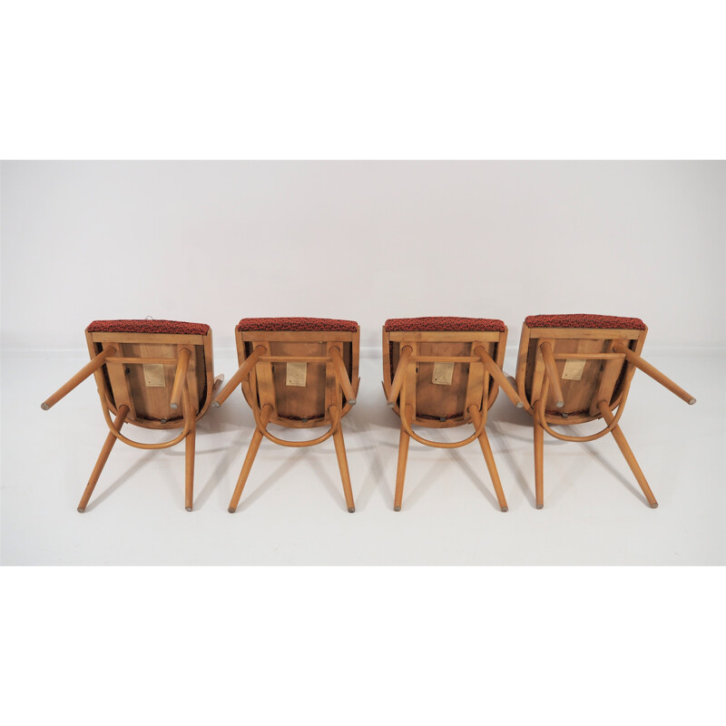 Ensemble de 4 chaises à repas rouges vintage de UP Zavody, 1960