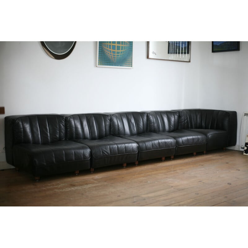 Canapé modulaire vintage en cuir noir Arflex de Tito Agnoli